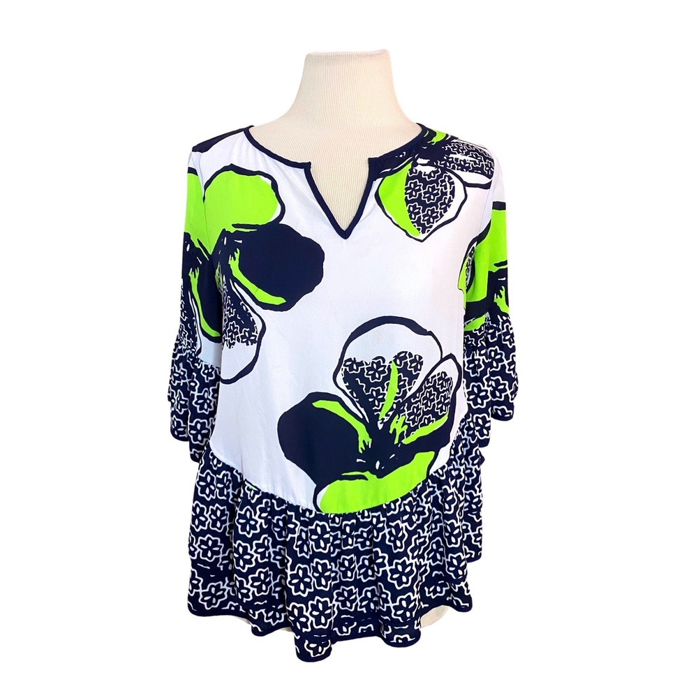 Kaari Blue Floral Mixed Print Tunic Top Navy Lime Green Bell Sleeve XS‎